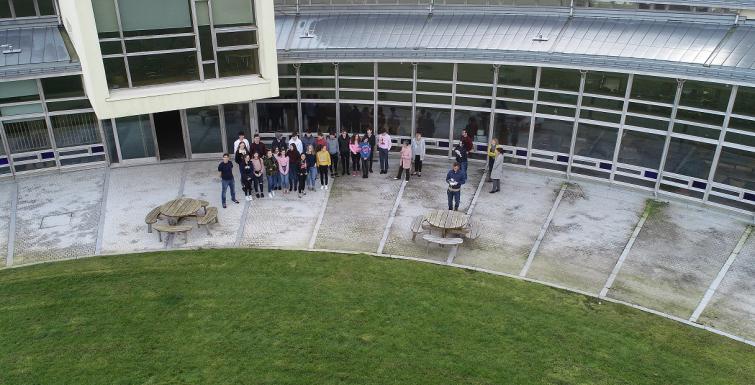 An aerial shot of the INFOMAR team and the TY students